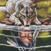 Native Boy reflection in water with Wolf Large Velvet Hand painted Wood Frame VTrendz