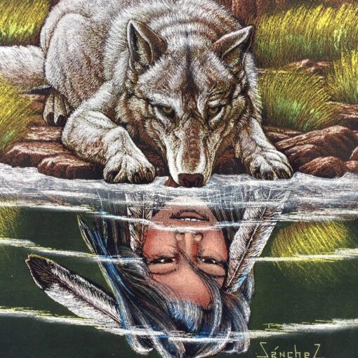 Native Boy reflection in water with Wolf Large Velvet Hand painted Wood Frame
