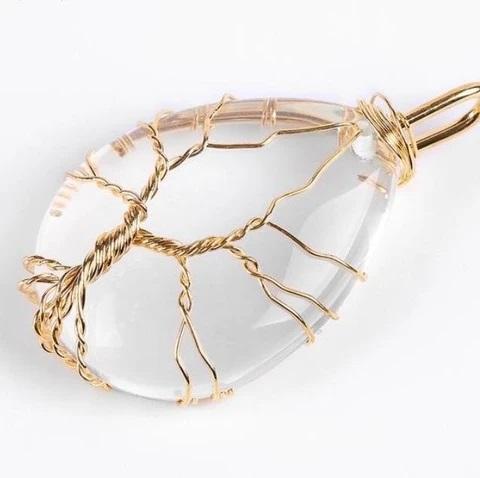 Clear Quartz Teardrop Crystal Tree of Life Wire Wrapped Pendant Necklace
