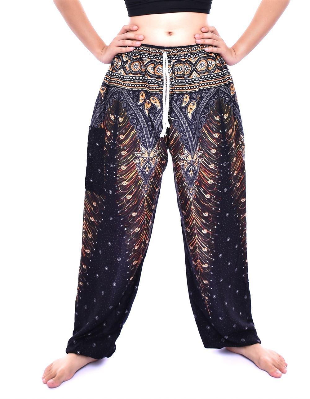 Black & Yellow Peacock Feather Print Drawstring Thai Harem Pants