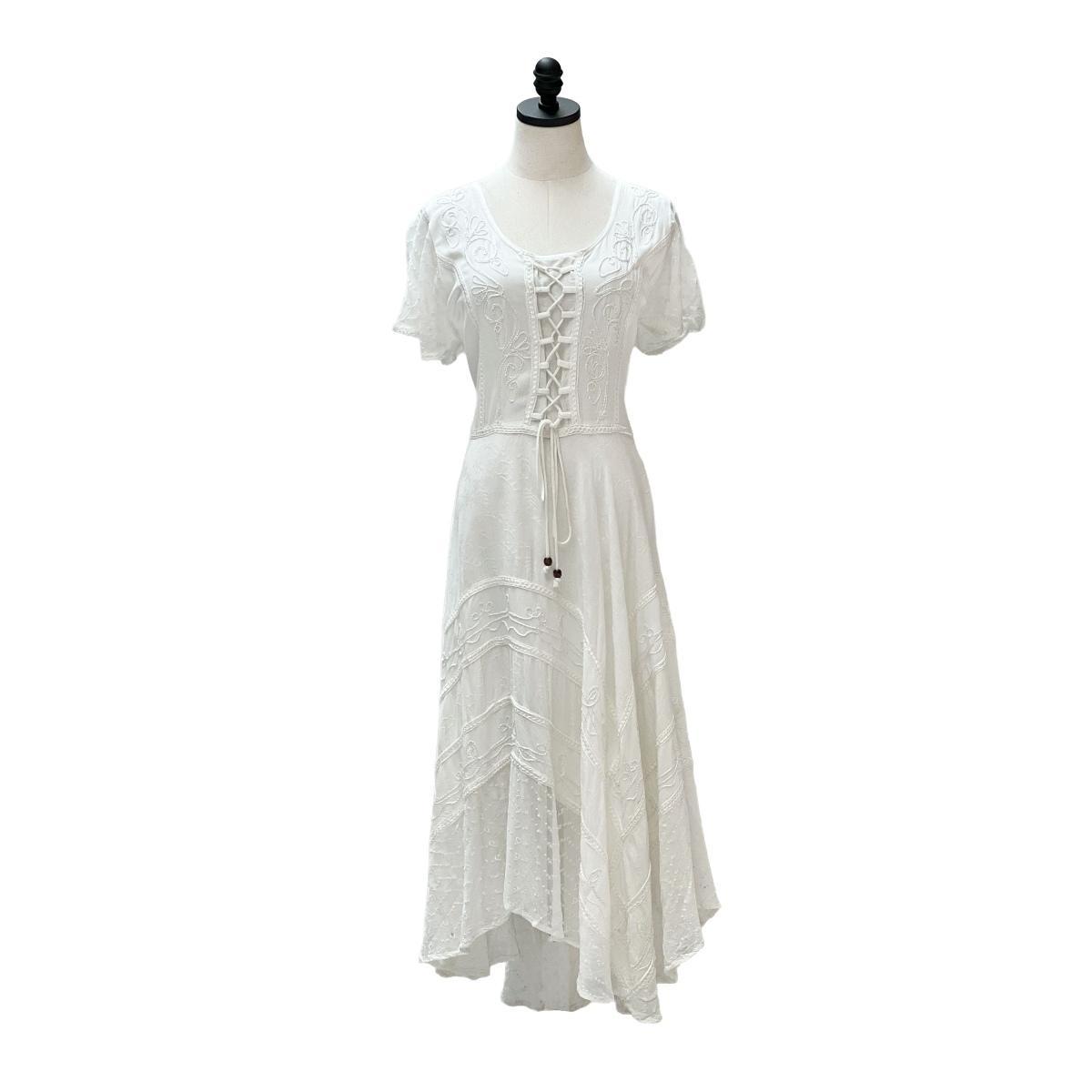 Short Sleeves Victorian Style Corset Dress with Lace & Floral Threadwork - Image 15