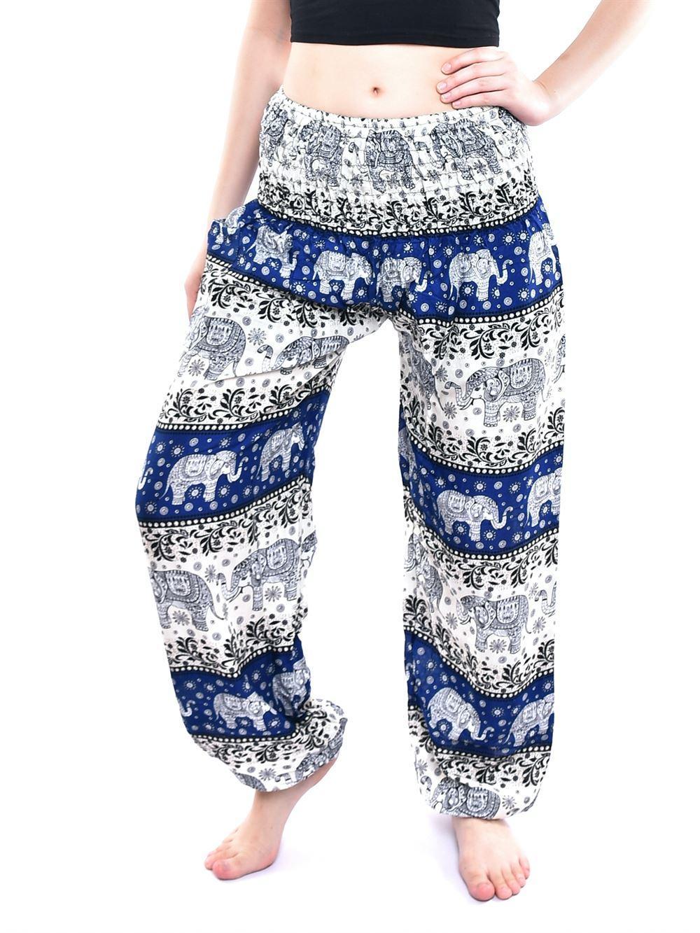 Blue & Cream Smocked Elephant Print Thai Harem Pants