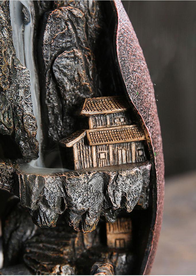 Mountain with House & Bridge Ceramic Backflow Incense Holder Waterfall Incense Burner, Reflux Burner, Handmade Ceramic, Home Décor for Meditation, Mini-Zen Experience Size: 22*10*31 cm - Image 5