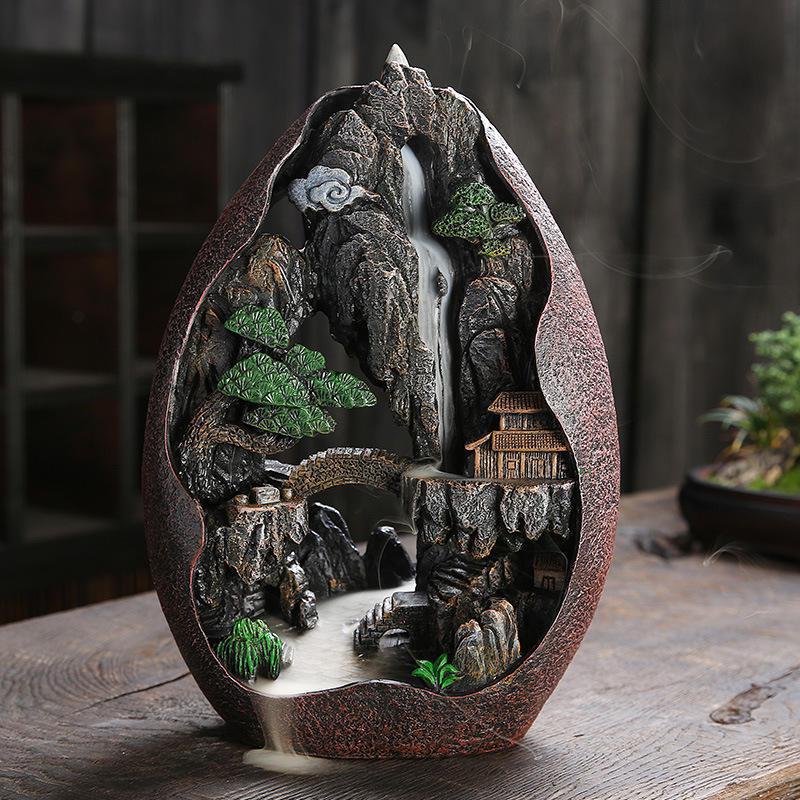 Mountain with House & Bridge Ceramic Backflow Incense Holder Waterfall Incense Burner, Reflux Burner, Handmade Ceramic, Home Décor for Meditation, Mini-Zen Experience Size: 22*10*31 cm - Image 2