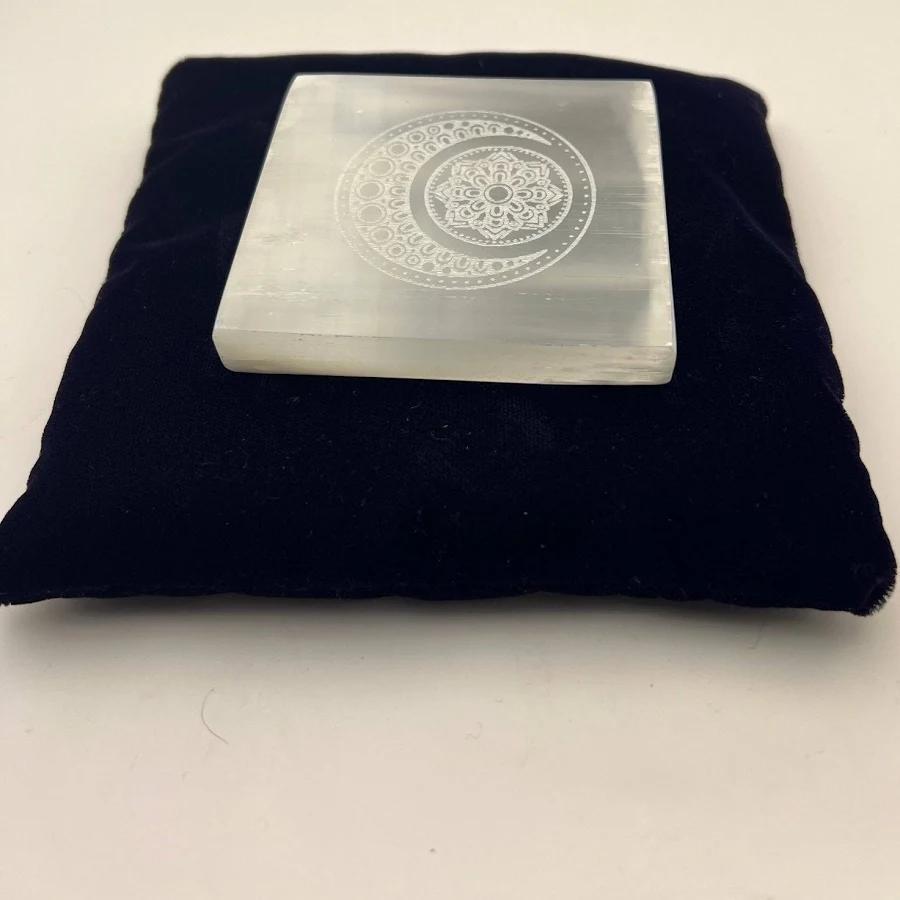 Selenite Square Moon Mandala Plate: Lunar Harmony & Sacred Charging (3x3 Inch)