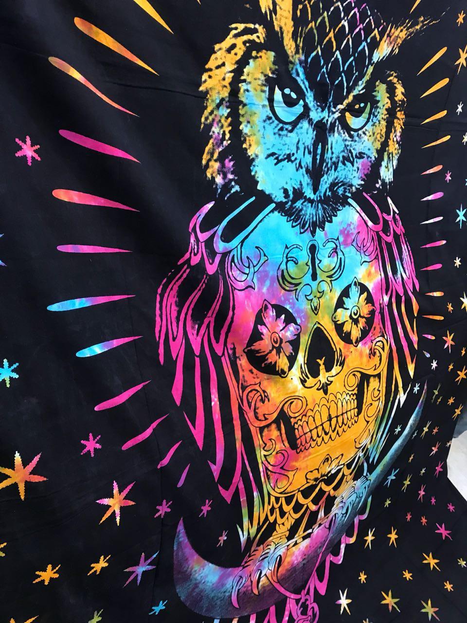 Sugar Skull with Owl and Key Wall Hanging Handmade Cotton Tapestry 84"x54" inch - Image 2