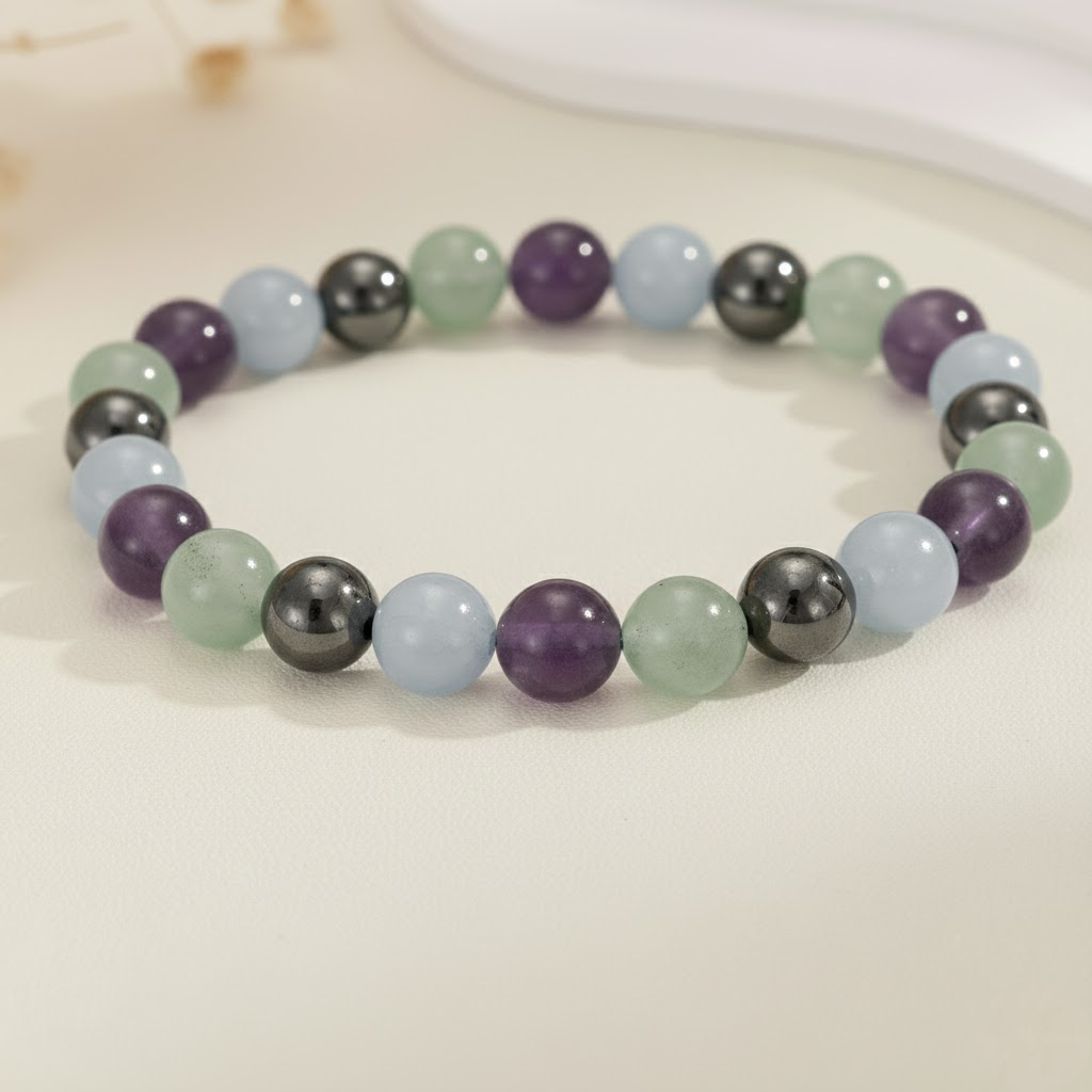 Aquarius Zodiac Crystal Bracelet – Intellectual Peace – Amethyst & Angelite – 8mm - Image 2