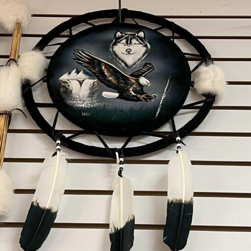 18" Dia Wolves with Eagle & Waterfall Hand Painted Velvet Shield Dream Catcher