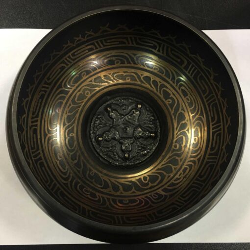 19 cm / 7.5" Hand Casted with Mantra Design Dark Antique Brass Color Singing Bowl with lip for Meditation, Relaxation & Healing with Wooden Mallet, Flat Bottom