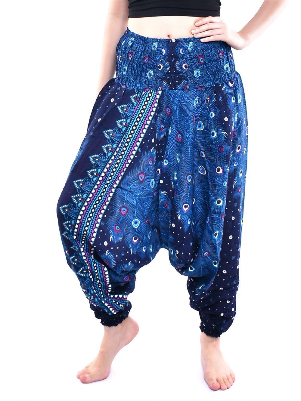 Thai Aladdin Harem Pants Jumpsuit Printed Pant with Elastic & Draw String Aladdin / Harem Pants, Boho Pants, Unisex, Yoga / meditation Bohemian Pants or Jumpsuit or Halter neck Dress 100 % Rayon