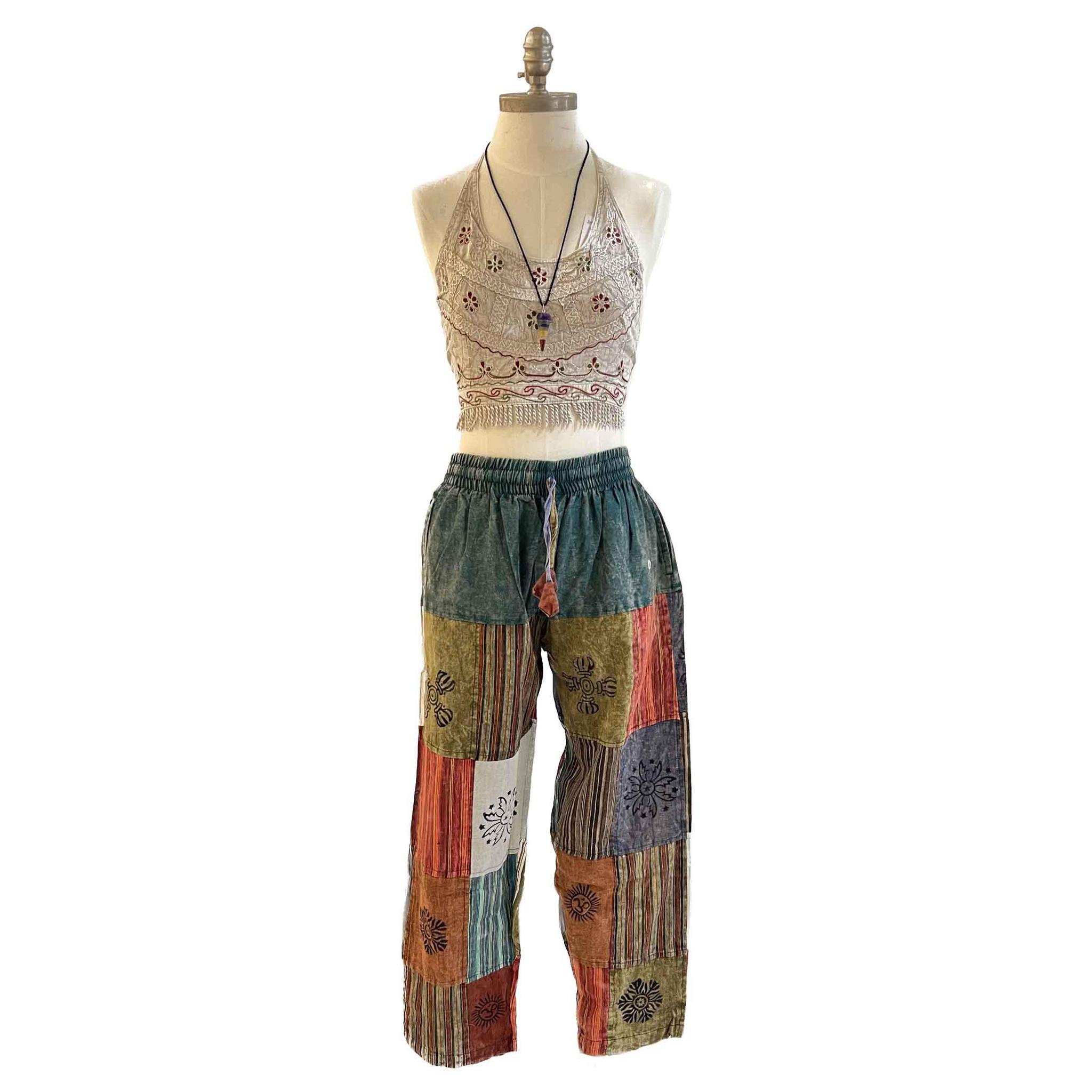Single Color Waist Plain & Striped Patchwork Open Bottom Pants