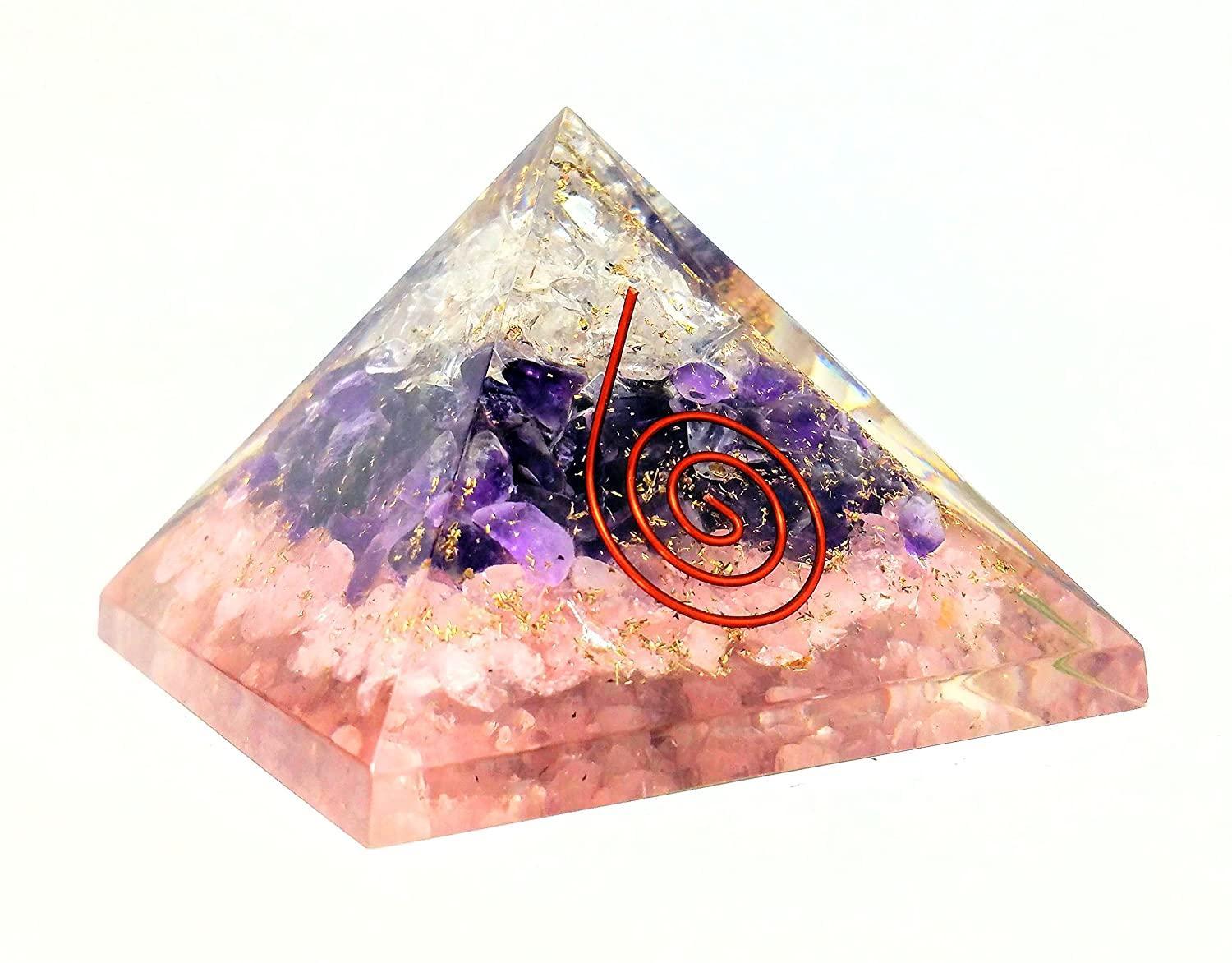 Rose Quartz, Amethyst, Clear Quartz Layered Triple Protection Orgonite Pyramid with Kundalini Symbol 3*3*3 inch