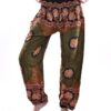 Olive Green Elephant & Flower Print Smocked Thai Harem Pants VTrendz