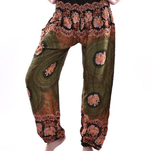 Olive Green Elephant & Flower Print Smocked Thai Harem Pants
