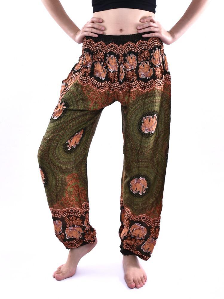 Olive Green Elephant & Flower Print Smocked Thai Harem Pants
