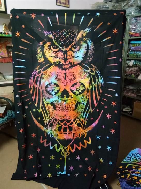 Sugar Skull with Owl and Key Wall Hanging Handmade Cotton Tapestry 84"x54" inch - Image 3