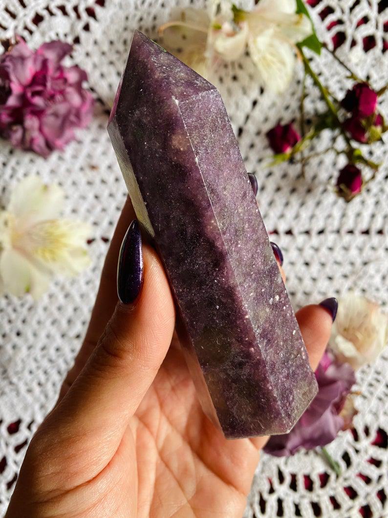 Lepidolite Obelisk Tower: Jumbo Healing Wand for Emotional Equilibrium & Serene Transition