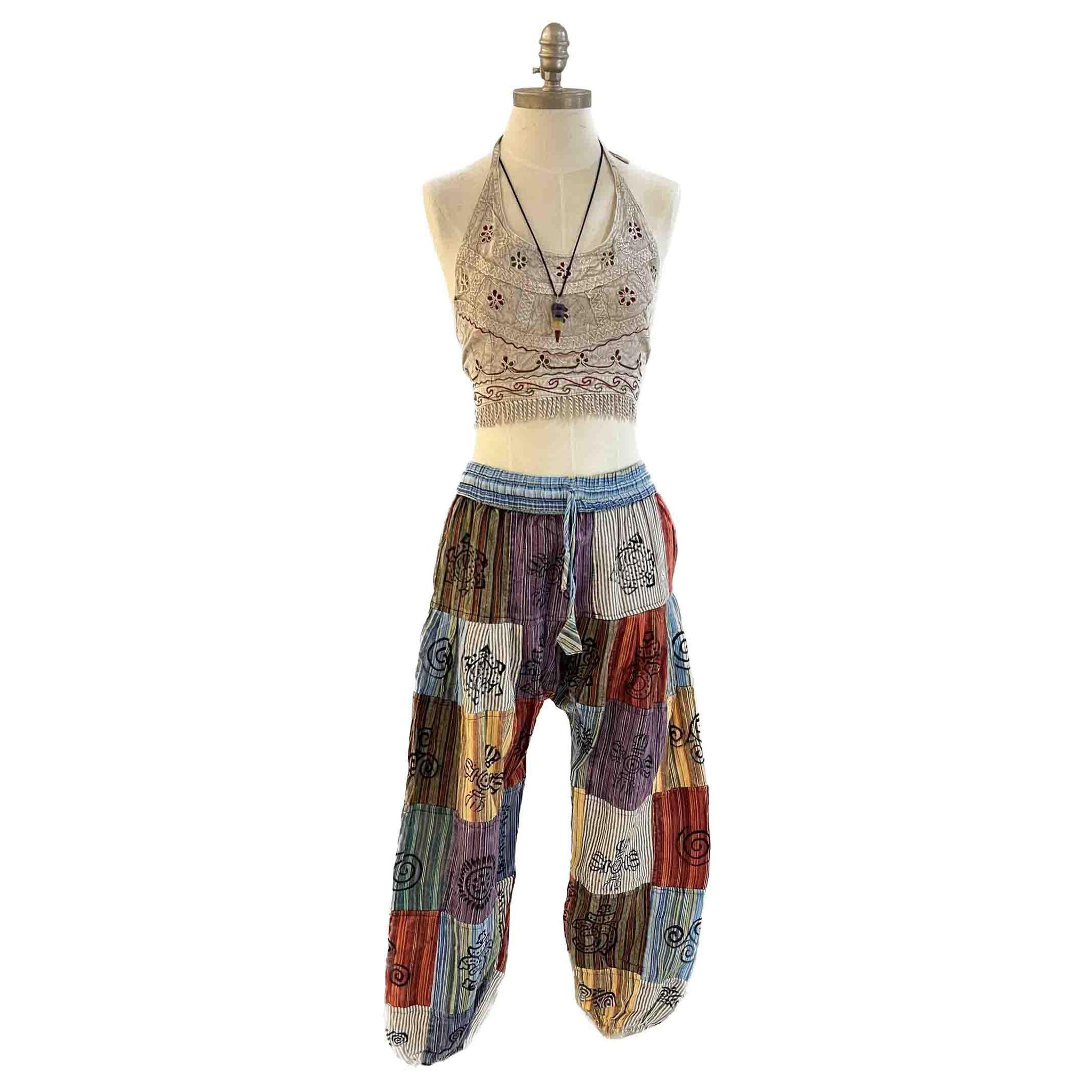 Striped Pleated Sacred Symbol Elastic Bottom Pants