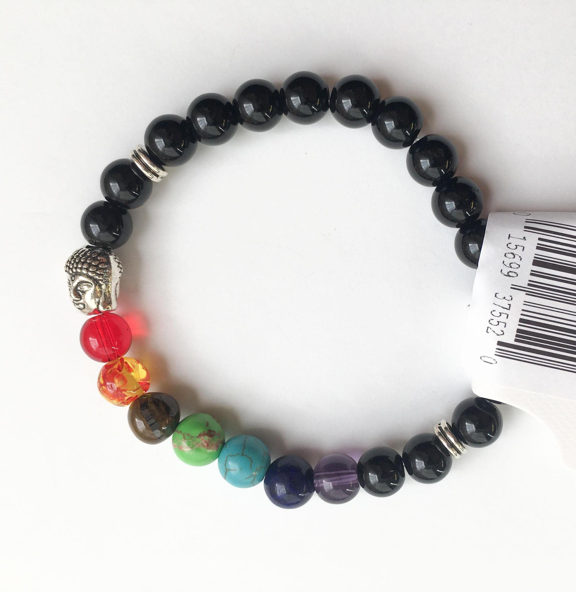 Black Tourmaline Stretchable Bracelet with 7-Chakra Stone Beads Adjustable Natural Stone Stretchable Bracelet for Positivity, Relaxation, Balancing Energy 8 mm