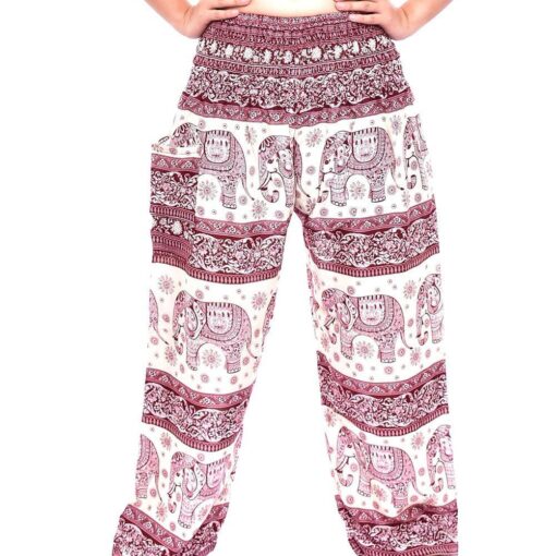 Maroon & Cream Smocked Border Elephant Thai Harem Pants
