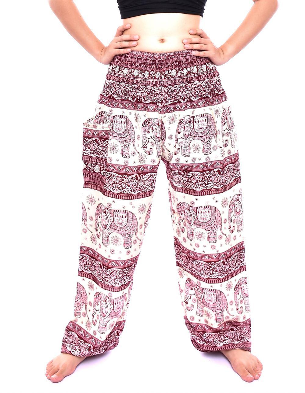 Maroon & Cream Smocked Border Elephant Thai Harem Pants
