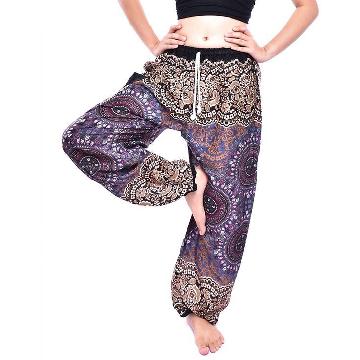 Brown & Grey Floral Mandala Drawstring Thai Harem Pants
