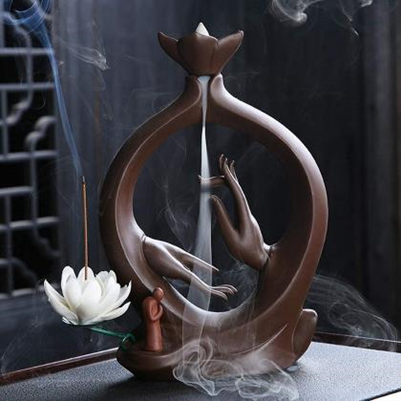Aura Hand Lotus Flower/ Circular Aura with Hand and Lotus and a Monk Backflow Incense Burner, Reflux Burner, Large Handmade Ceramic Backflow Cone Sticks Incense Holder Home Decor Craftwork Figurine