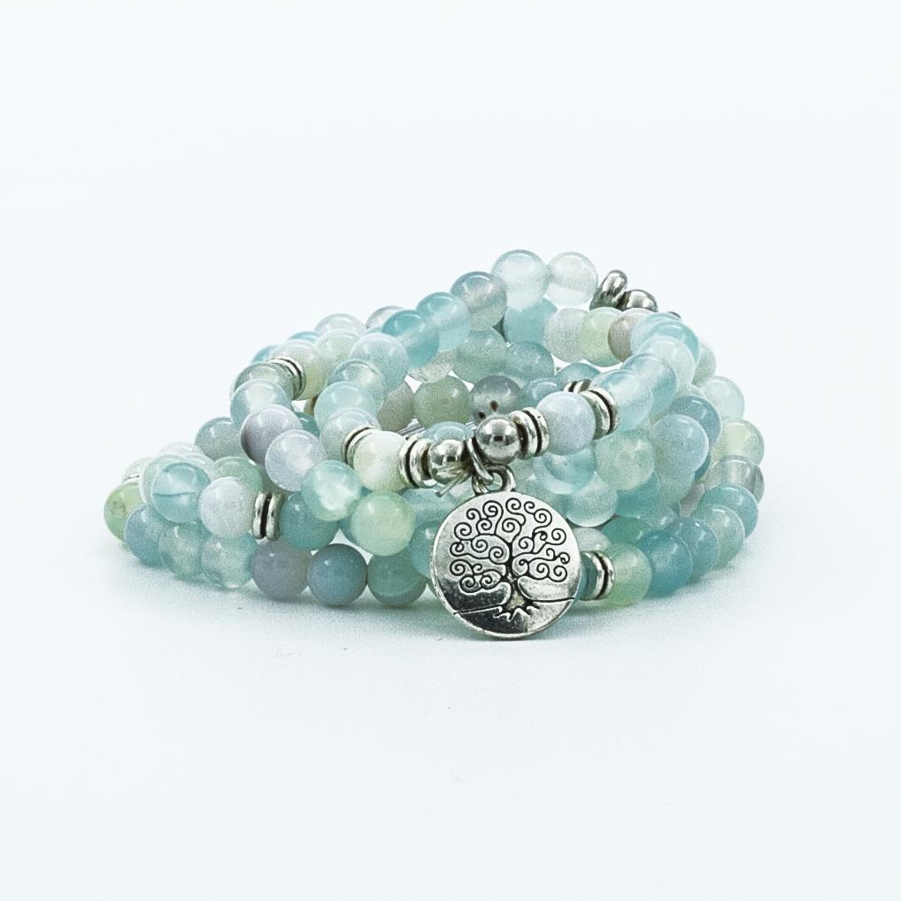 Blue Aqua Chalcedony 108 Mala 6 & 8mm Bead Stone Lotus Pendant Necklace Charm Natural Stone Yoga Bracelet