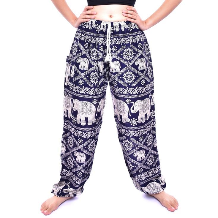 Navy Blue Elephant Print Drawstring Thai Harem Pants - Image 4