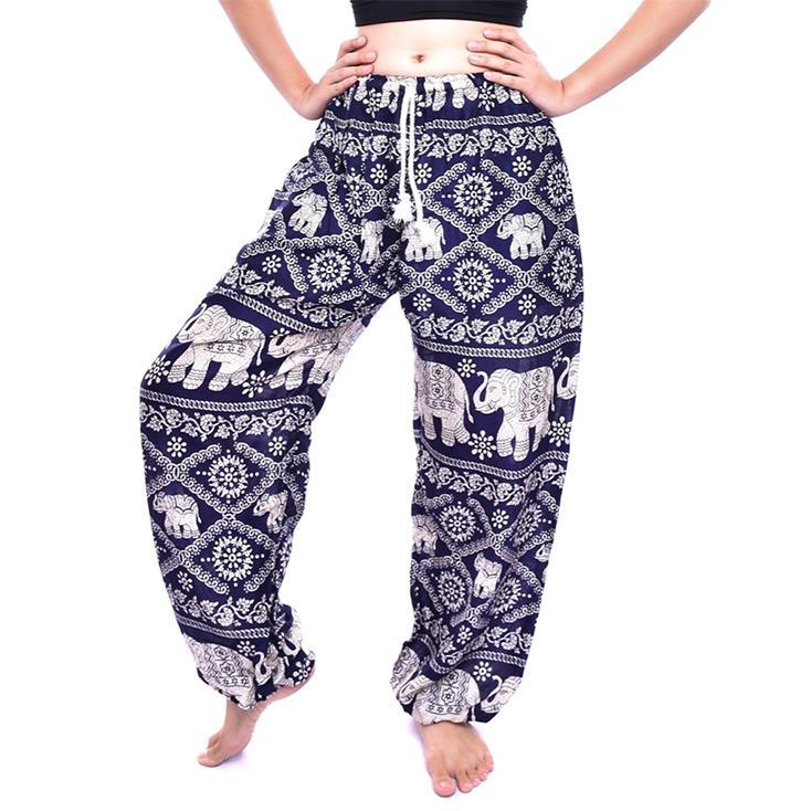 Navy Blue Elephant Print Drawstring Thai Harem Pants
