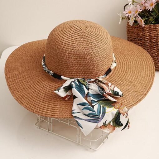 Straw Designer Hat with Pearls and Silk floral fabric Bow Trendy Beach Hats For Women;  Adult One Size Fits Most (22-23 inches), adjustable size