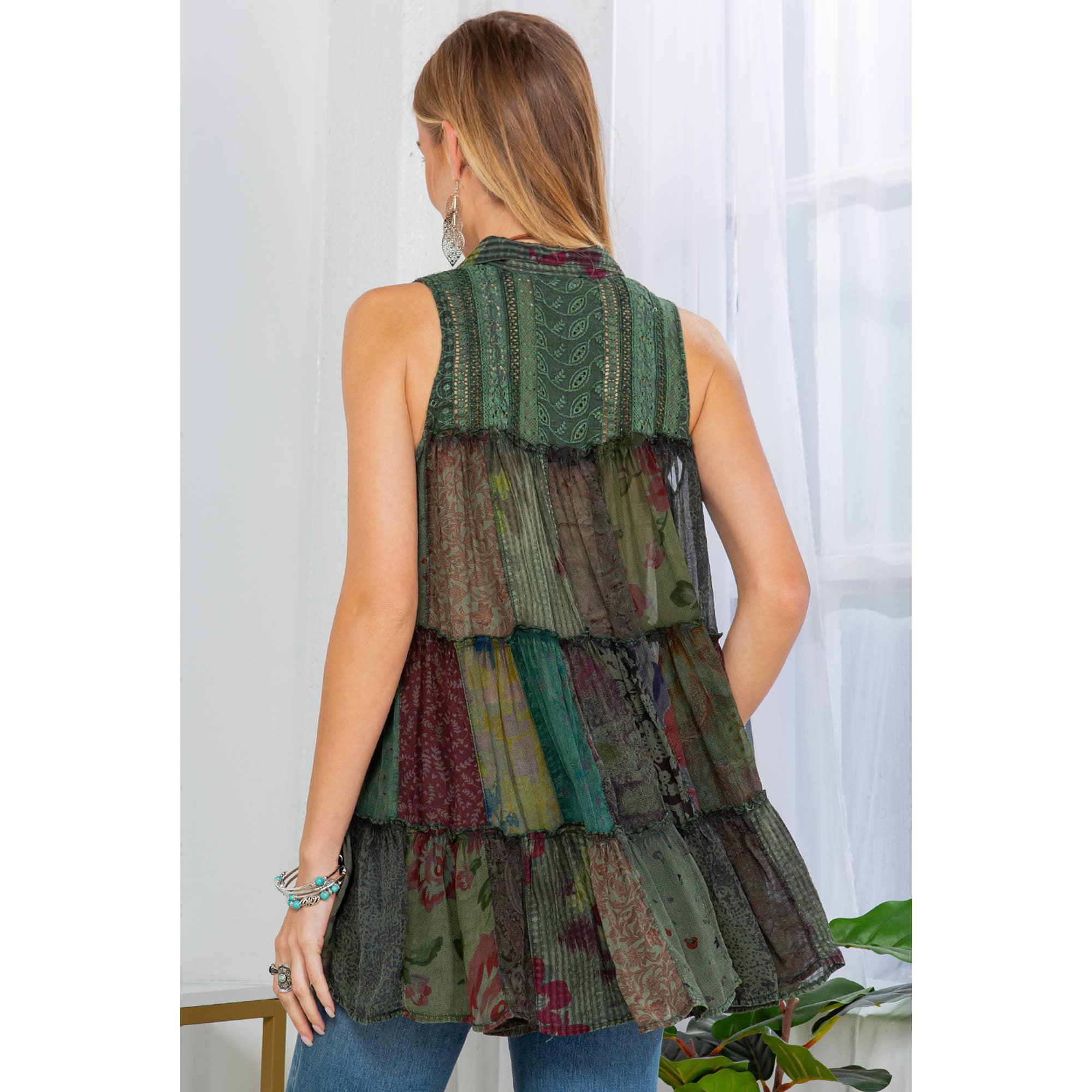 Boho Chic Buttondown Patchwork Sleeveless Top - Image 4