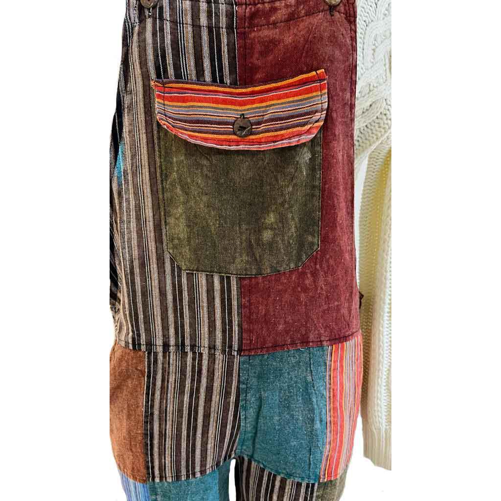 Plain & Striped Patchwork Cotton Overalls With Open Bottom Earth Tones S-XXL - Image 6