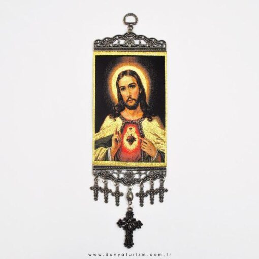 Jesus Medium Carpet Wall Hanging Handwoven; Gold Aura, Red Heart, 12.5 Inch