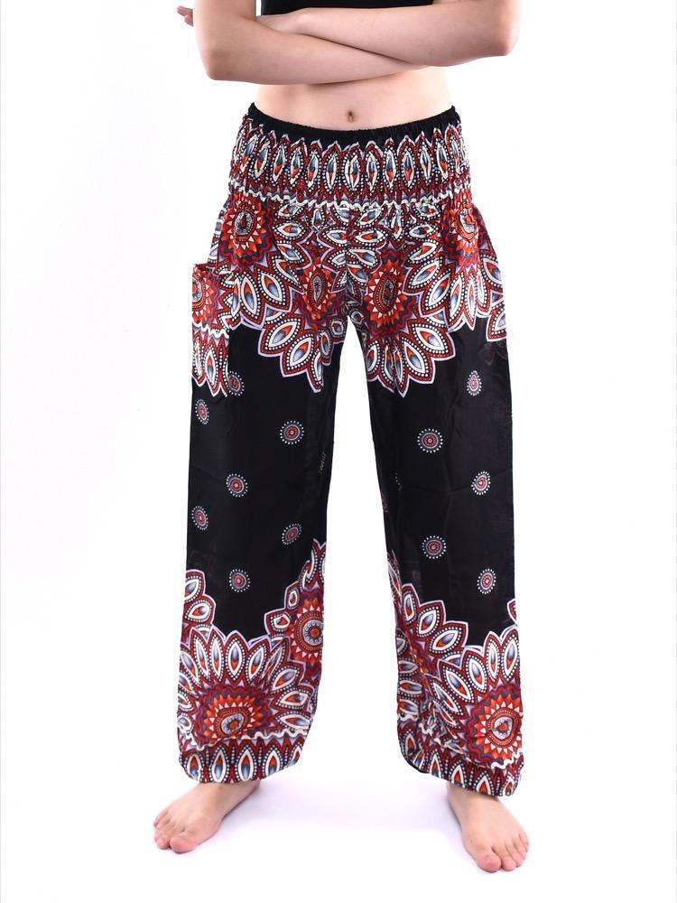 Black & Crimson Flower Print Smocked Harem Pants - Image 3