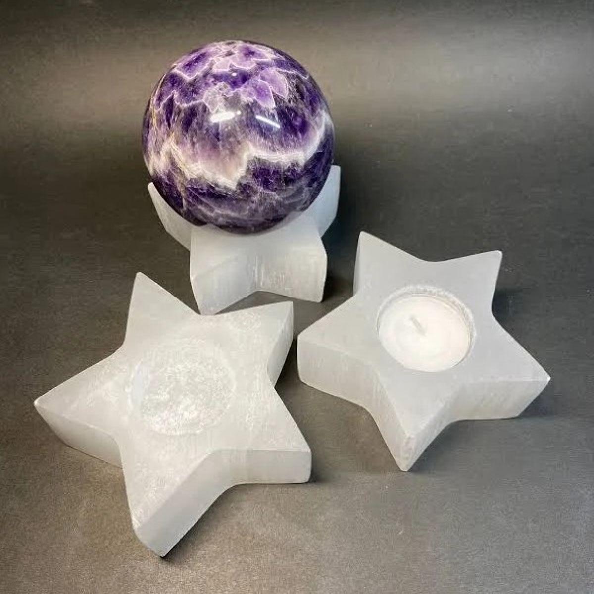 Selenite Star Candle Holder & Sphere Stand: Celestial Anchor for Metaphysical Balance - Image 2