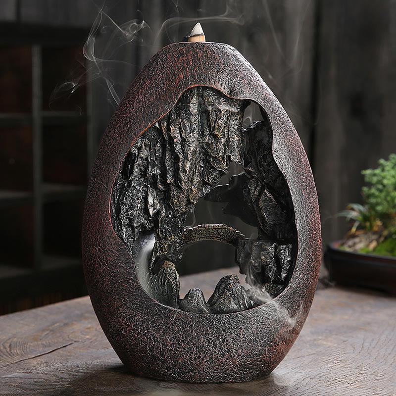 Mountain with House & Bridge Ceramic Backflow Incense Holder Waterfall Incense Burner, Reflux Burner, Handmade Ceramic, Home Décor for Meditation, Mini-Zen Experience Size: 22*10*31 cm - Image 6