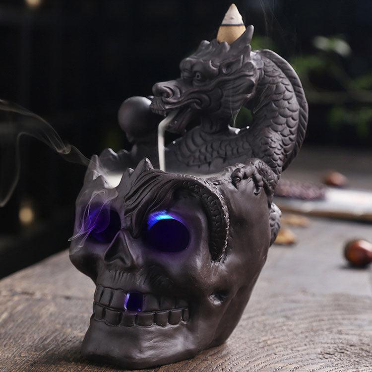 Skull & Dragon w/Light Ceramic Backflow Incense Holder Waterfall Incense Burner, Reflux Burner, Handmade Ceramic, Home Décor for Meditation, Mini-Zen Experience Size: 10.6*12*16 cm - Image 3