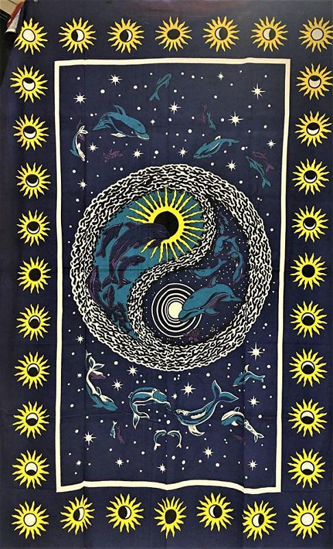 Celestial Sun Moon Yin Yang Dolphin Tapestry Multi color Size 84" x 54" Inch