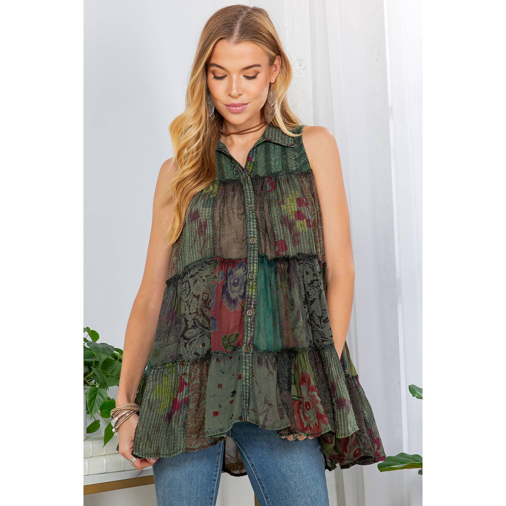Boho Chic Buttondown Patchwork Sleeveless Top - Image 2