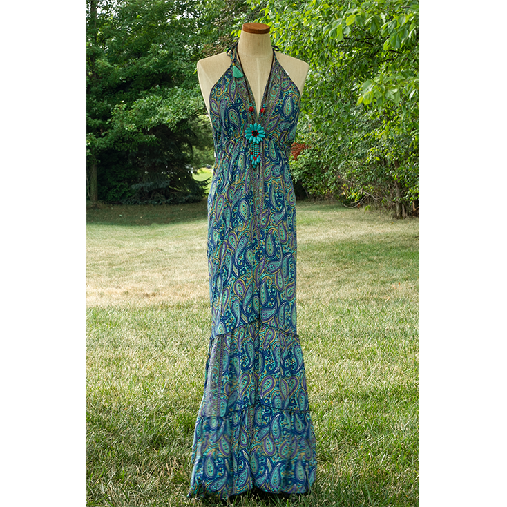 Silk Scarf Maxi Dress with Dori Ties & Open Back - Image 2