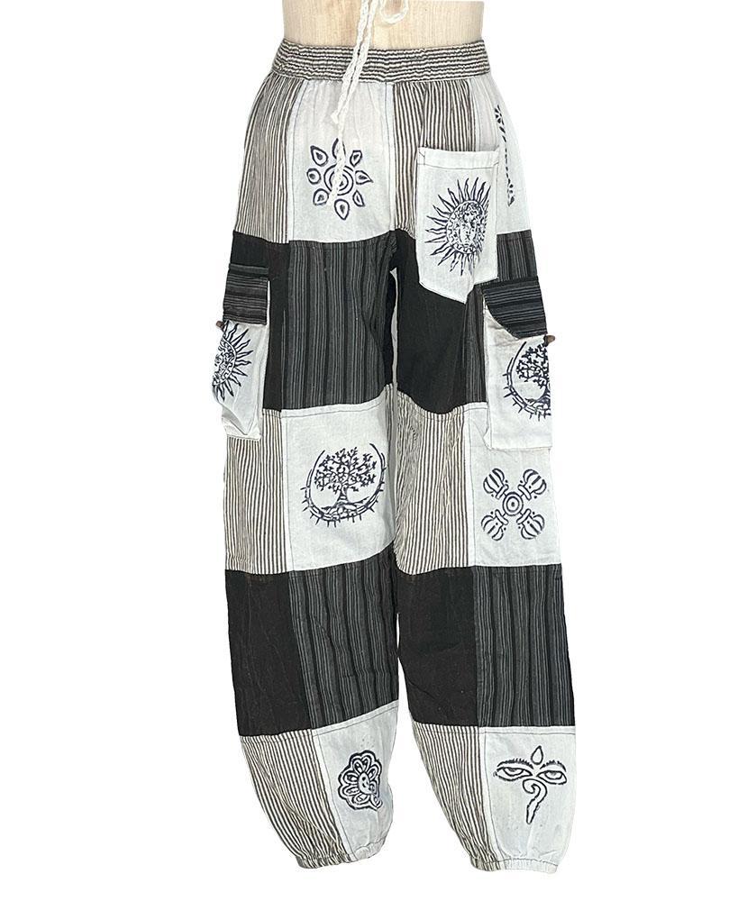 Black and White Boho Patchwork Elastic Bottom Pants - Image 3
