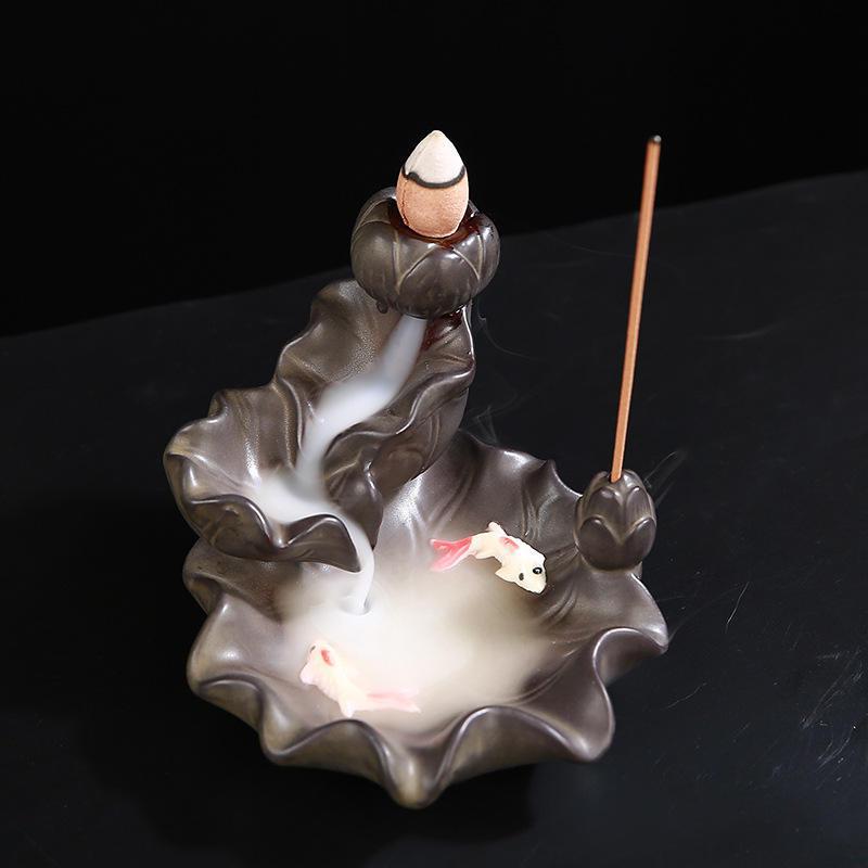Mini-waterfall with Fish Pond Ceramic Backflow Incense Holder Waterfall Incense Burner, Reflux Burner, Handmade Ceramic, Home Décor for Meditation, Mini-Zen Experience Size: 10.5*8 cm - Image 2
