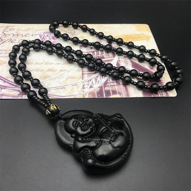 Lucky Buddha, Chinese Buddha, Laughing Buddha, Obsidian Hand Carved Necklace Pendants with Black Beads 8 mm stone beads