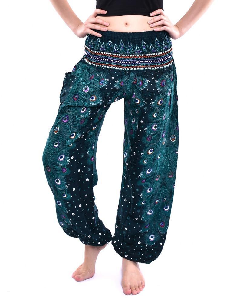 Teal Peacock Feather Print Smocked Thai Harem Pants - Image 4