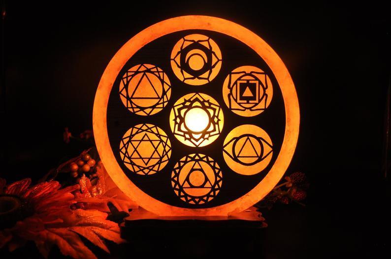 Chakra Symbols 3-D Himalayan Natural Salt Rock Crystal Air purifier / Ionizer 9 - 11 lbs
