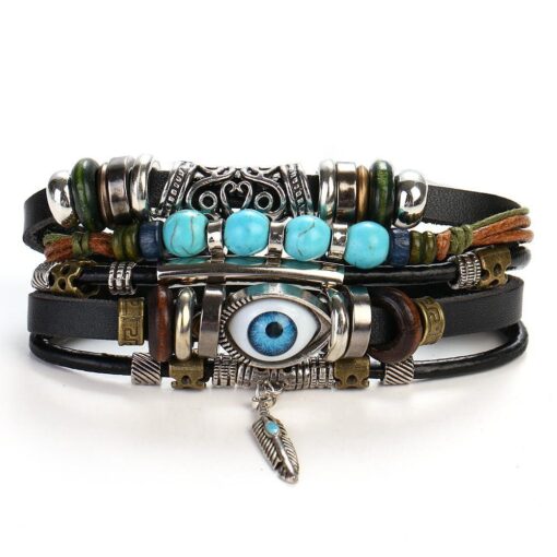 Evil Eye Feather Hanging Leather Bracelet Sets Unisex / Men Jewelry Vintage Classic Retro Bracelets