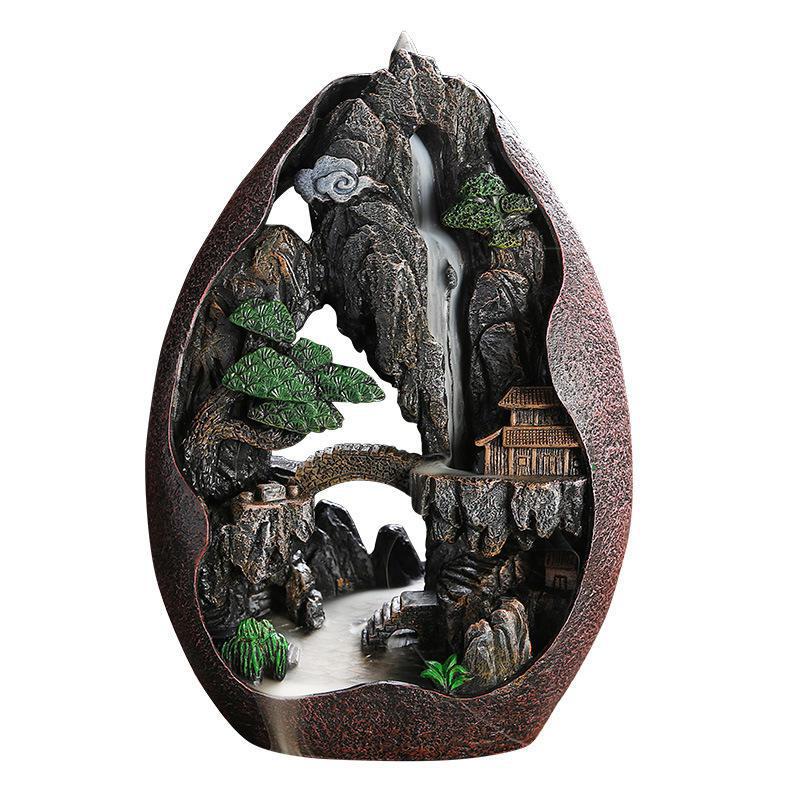 Mountain with House & Bridge Ceramic Backflow Incense Holder Waterfall Incense Burner, Reflux Burner, Handmade Ceramic, Home Décor for Meditation, Mini-Zen Experience Size: 22*10*31 cm