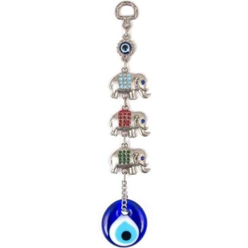 Triple Elephant Enamled Evil Eye Metal Wall Hangings, Handmade, 8.5" Inch