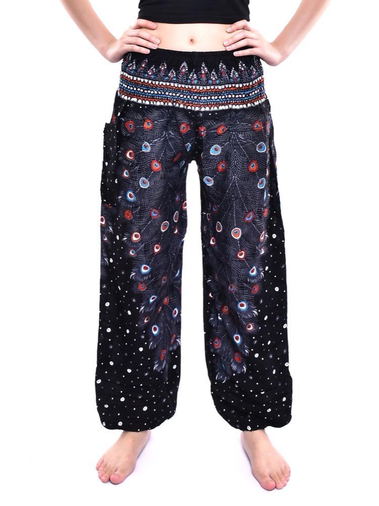 Black Peacock Feather Print Smocked Thai Harem Pants - Image 2